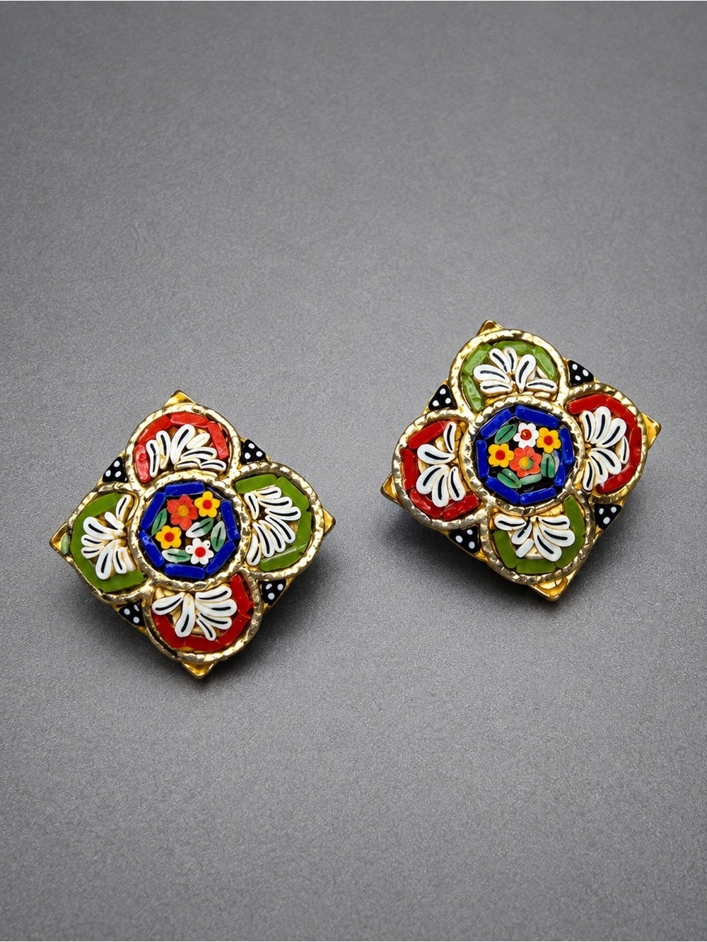 Vintage  Multicolor Floral Mosaic clip Earrings #mo123